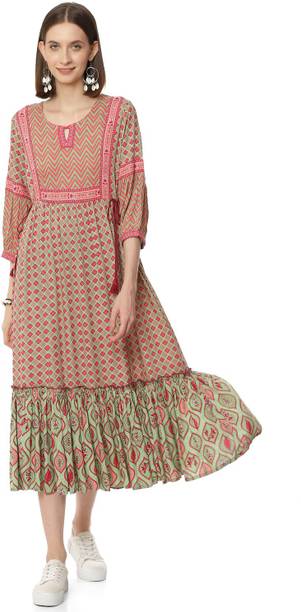 RANGRITI Women Fit and Flare Multicolor Midi/Calf Length Dress