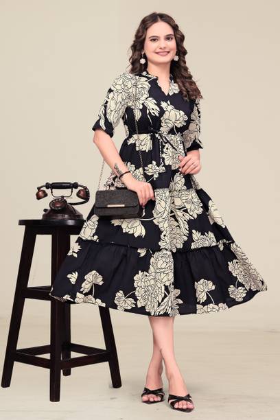 Women A-line Silver Midi/Calf Length Dress