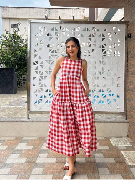 Women Tiered Red, White Midi/Calf Length Dress