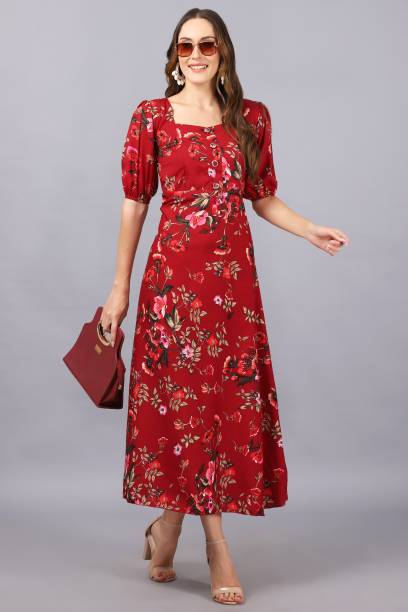 Women Fit and Flare Maroon Dress Price in India