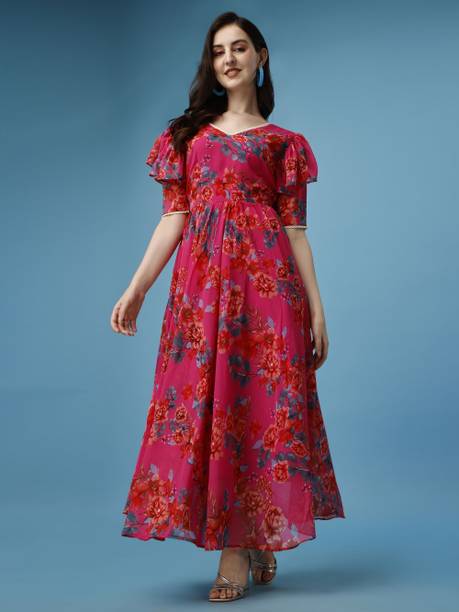 Women Fit and Flare Pink, Red, Dark Blue Dress
