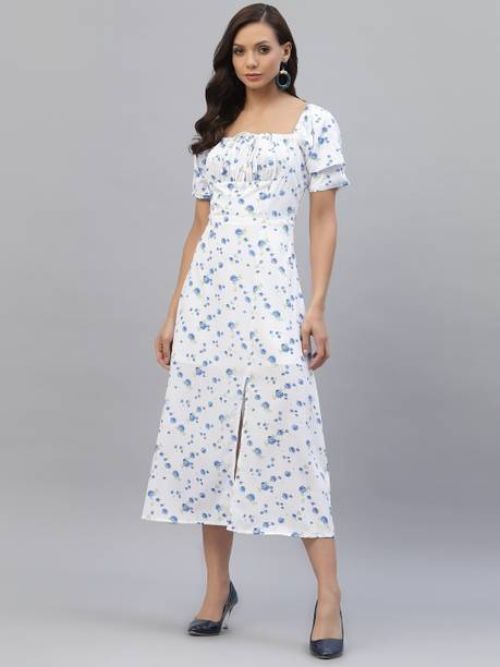 Women A-line Blue, White Dress