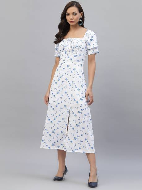 Women A-line Blue, White Dress Price in India