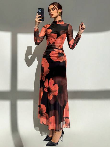 Women Bodycon Black, Orange Maxi/Full Length Dress
