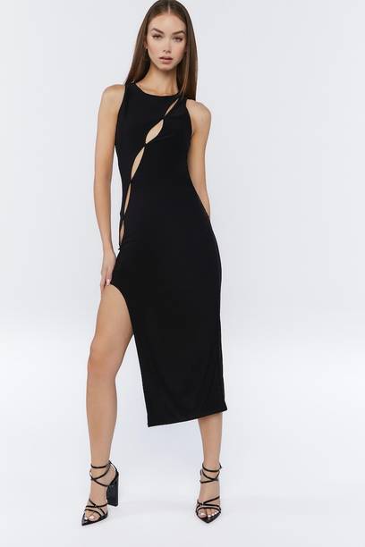 Women A-line Black Midi/Calf Length Dress