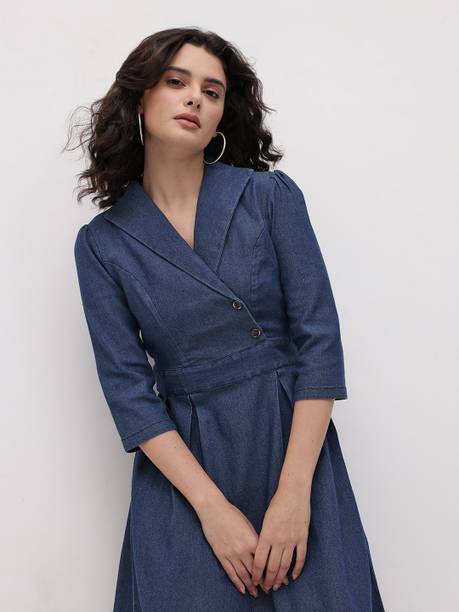 Women A-line Blue Midi/Calf Length Dress