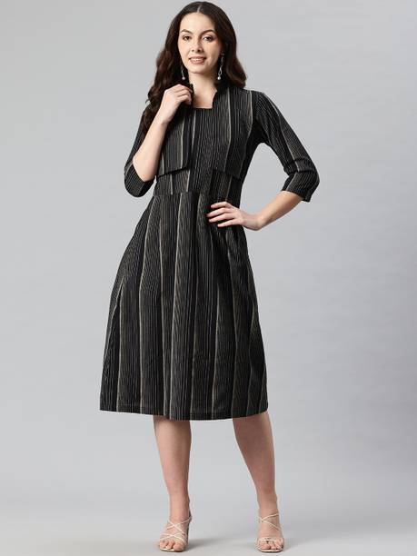 Women A-line Black, Beige Midi/Calf Length Dress