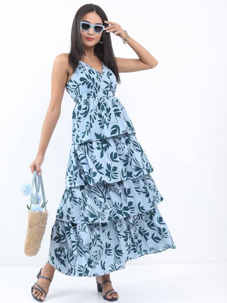 Women Layered Light Blue, Dark Blue Maxi/Full Length Dress