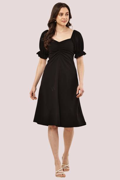 Women A-line Black Below Knee Dress