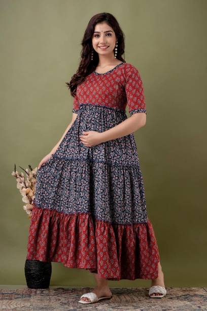 Women Maxi Maroon, Dark Blue, White Dress