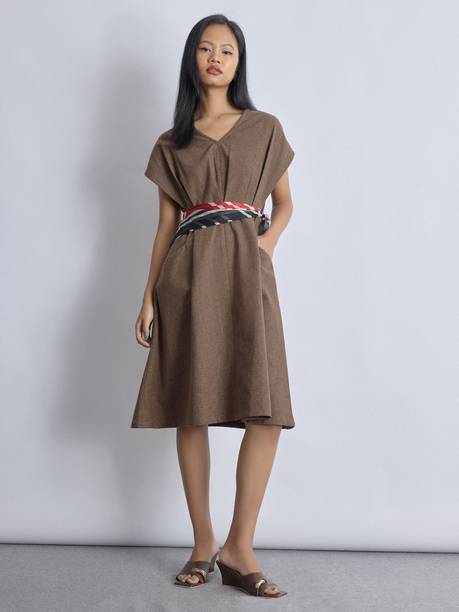 Women Fit and Flare Brown Knee Length Dress