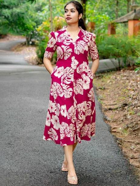 Women A-line Pink Below Knee Dress