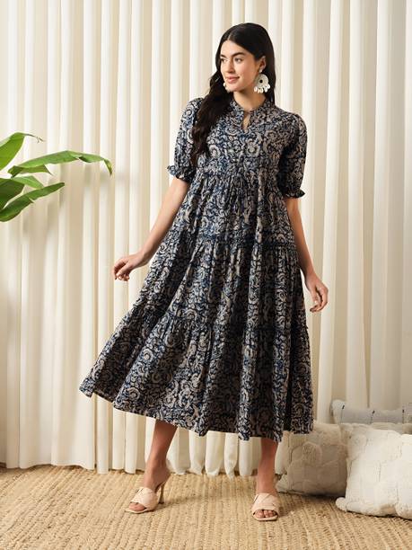 Women A-line Light Blue Midi/Calf Length Dress