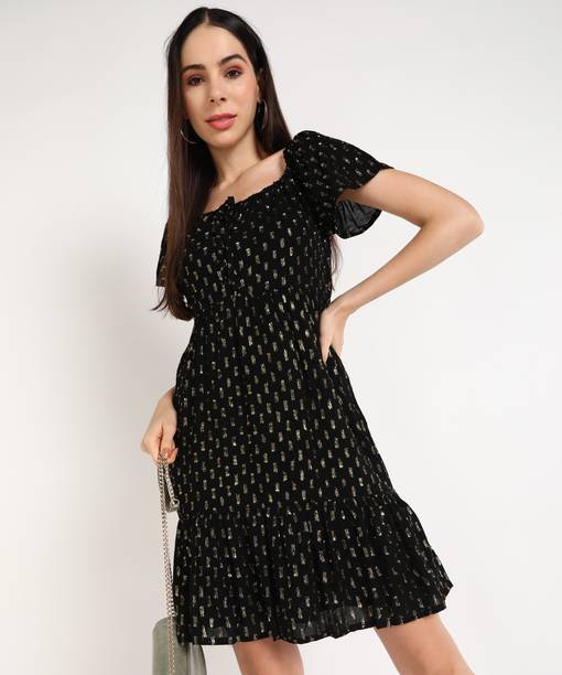 Women Drop Waist Black Above Knee/Mid Thigh Length Dress