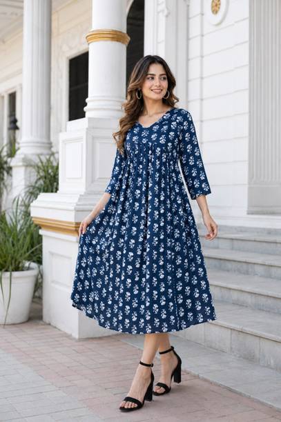 Women Gathered Blue Midi/Calf Length Dress