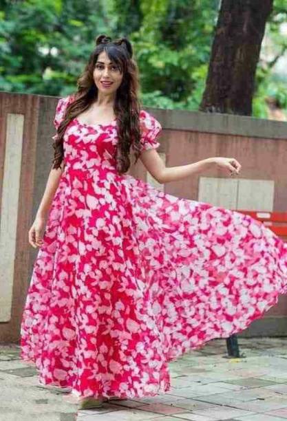Women Fit and Flare Pink, White Dress Price in India