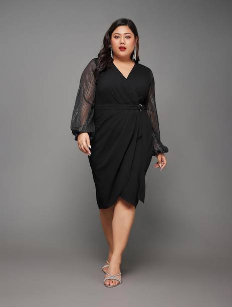 Women Wrap Black Knee Length Dress