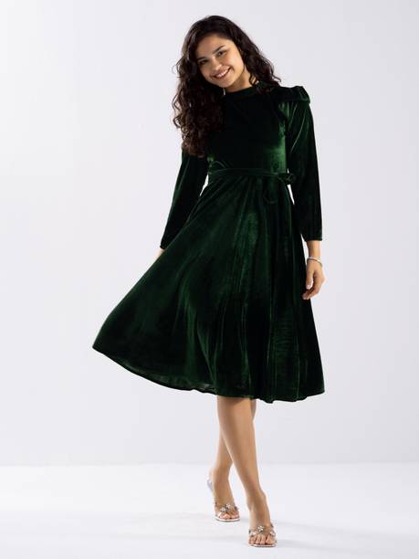 AASK Women Fit and Flare Green Knee Length Dress