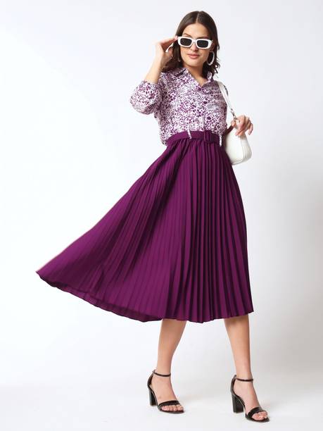 Women Fit and Flare Purple, White Midi/Calf Length Dress