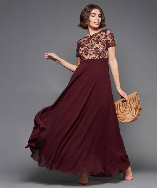 Women Fit and Flare Maroon, Beige Dress