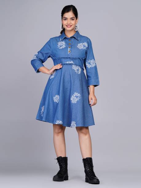 Women A-line Blue, White Dress Price in India