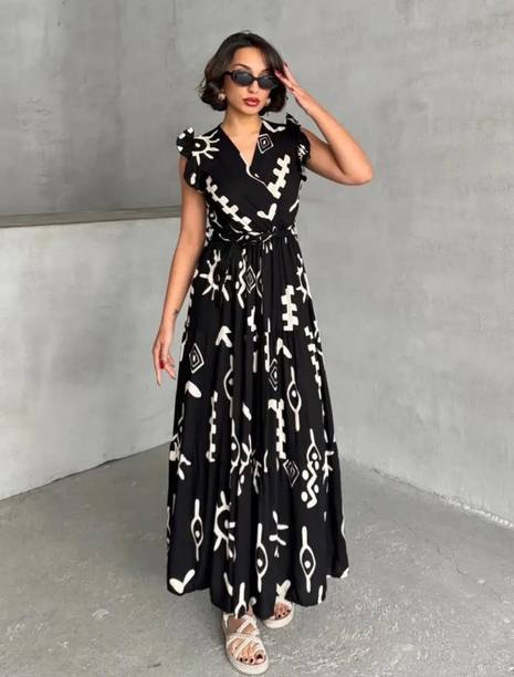 Women Tiered Black, White Maxi/Full Length Dress
