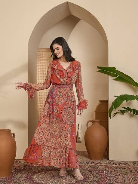 Women Fit and Flare Brown Maxi/Full Length Dress