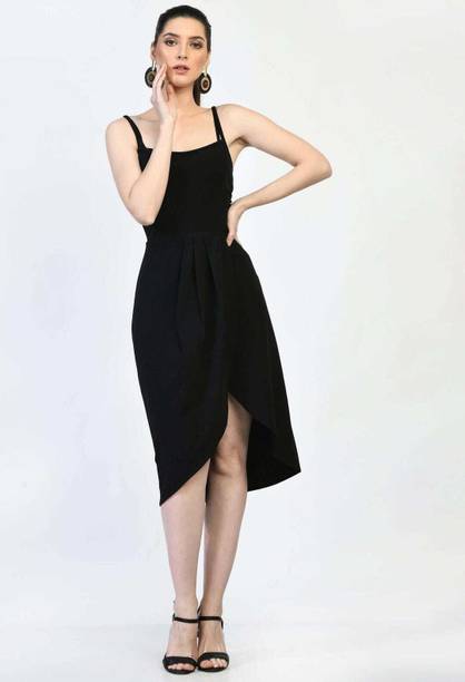 Women Wrap Black Below Knee Dress