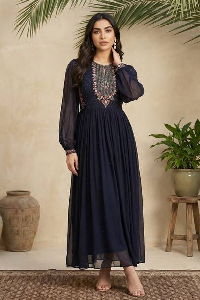 Women Fit and Flare Blue Ankle Length Dress