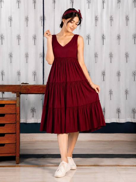 Women Tiered Maroon Knee Length Dress