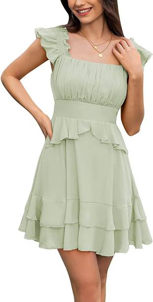 Women A-line Green Above Knee/Mid Thigh Length Dress