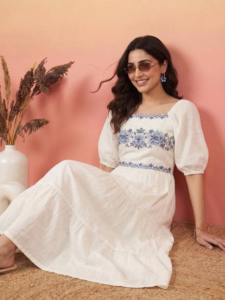 Women Tiered White Midi/Calf Length Dress