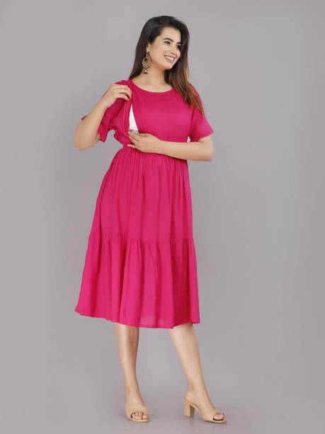 Women Gathered Pink Midi/Calf Length Dress