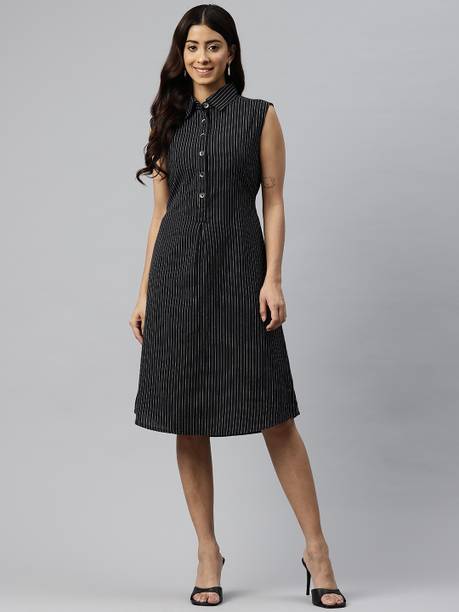 Women A-line Black, White Below Knee Dress