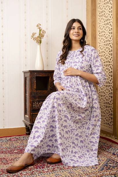 Women Fit and Flare Purple, White Maxi/Full Length Dress