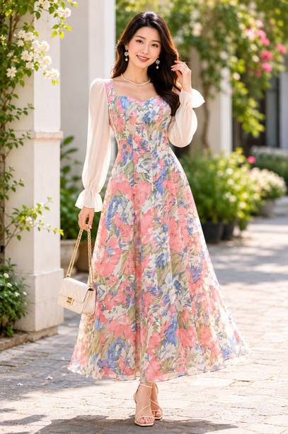 Women A-line Pink Maxi/Full Length Dress