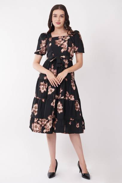 Women Fit and Flare Multicolor Knee Length Dress