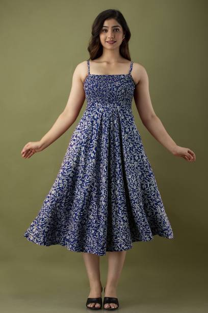 HARIVANI Women A-line Dark Blue, White Midi/Calf Length Dress