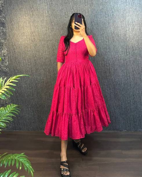 Women Tiered Pink Midi/Calf Length Dress