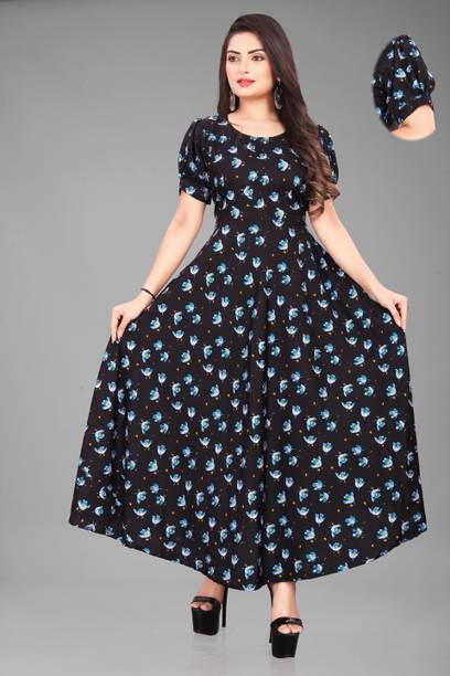 LEZLY Women Fit and Flare Dark Blue, Light Blue, White Maxi/Full Length Dress
