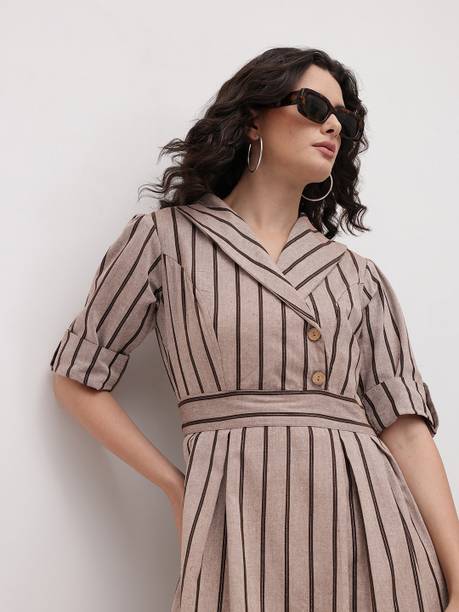 Women A-line Beige, Brown Midi/Calf Length Dress