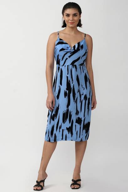 Women A-line Blue, Black Midi/Calf Length Dress