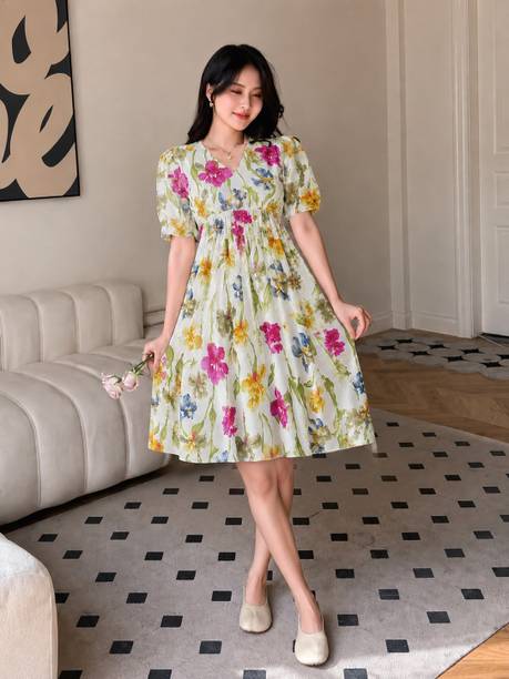 Women Fit and Flare Yellow Knee Length Dress