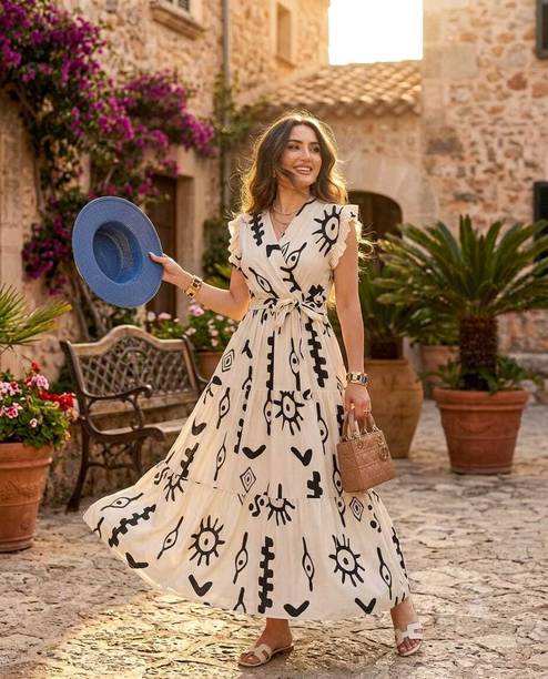 Women A-line Beige, Black Maxi/Full Length Dress