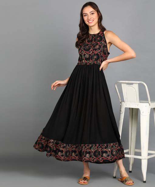 Women Fit and Flare Black, Red, Gold Midi/Calf Length Dress