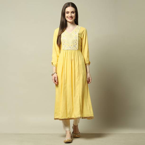 RANGRITI Women Fit and Flare Yellow Maxi/Full Length Dress