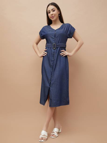 Women A-line Blue Midi/Calf Length Dress
