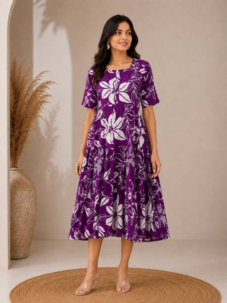 Women Fit and Flare Purple Below Knee Dress