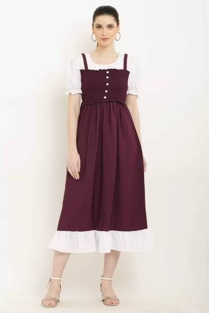 Women Fit and Flare White, Maroon Dress