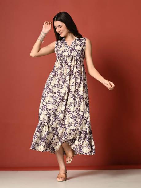 Janki Creation Women Fit and Flare Purple, Beige Midi/Calf Length Dress